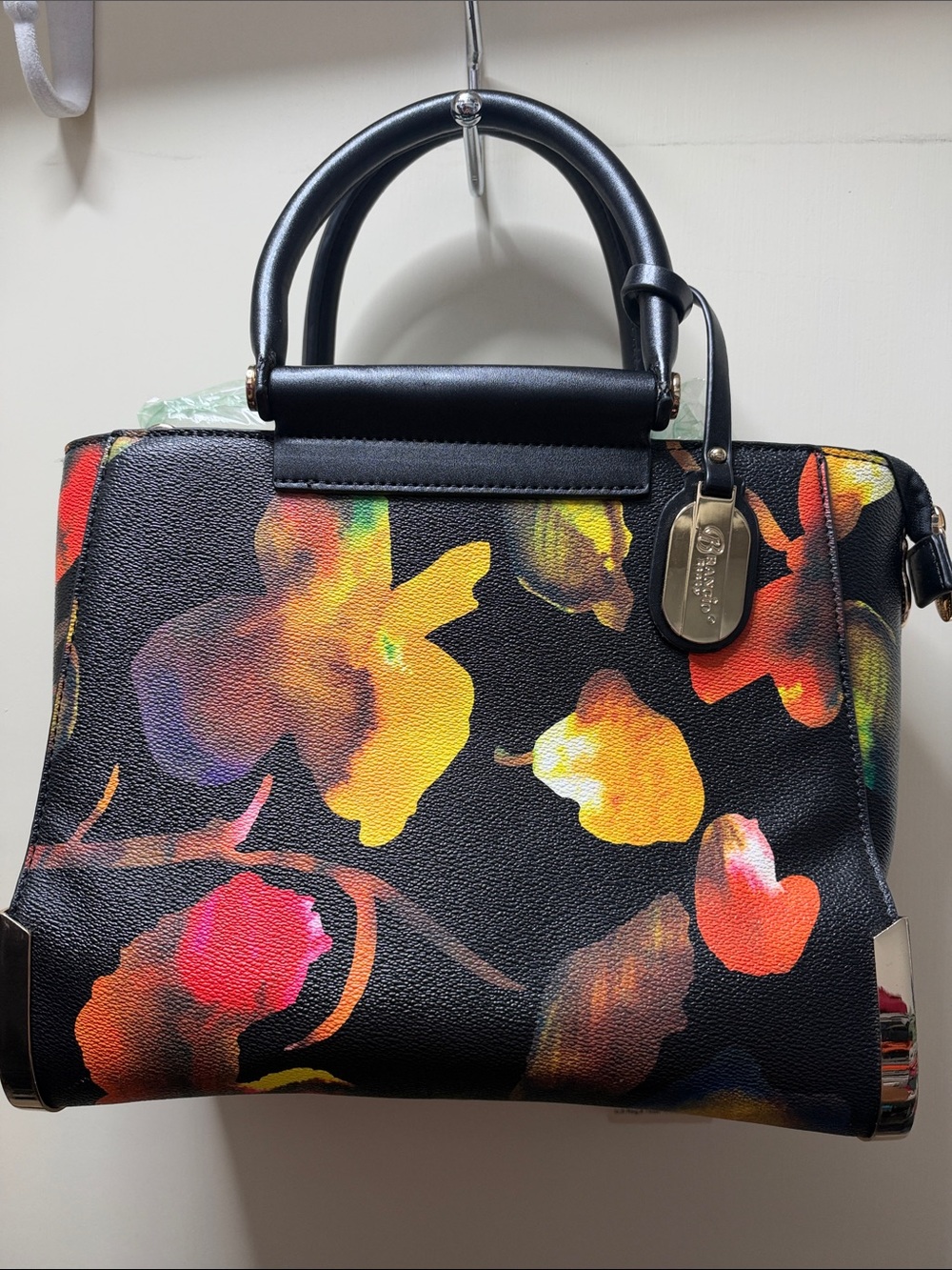 Brangio Black Floral Satchel Handbag with Multicolor Print